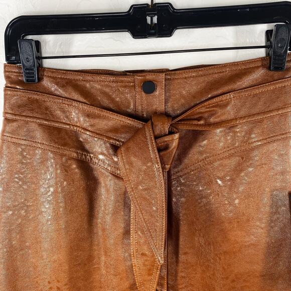 Olivaceous Brown Faux Leather Lined Button Front Tie Waist Mini Skirt Small  NEW - Picture 2 of 8